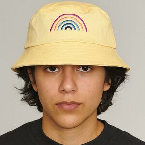 Gay Pride Apparel Bucket Hat – Yellow Cotton with Embroidered Rainbow – NWT